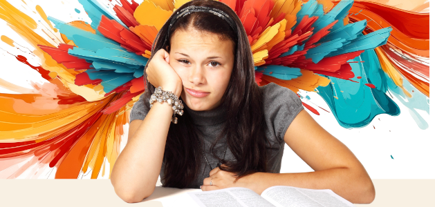 image of bored student with burst of color behind her
